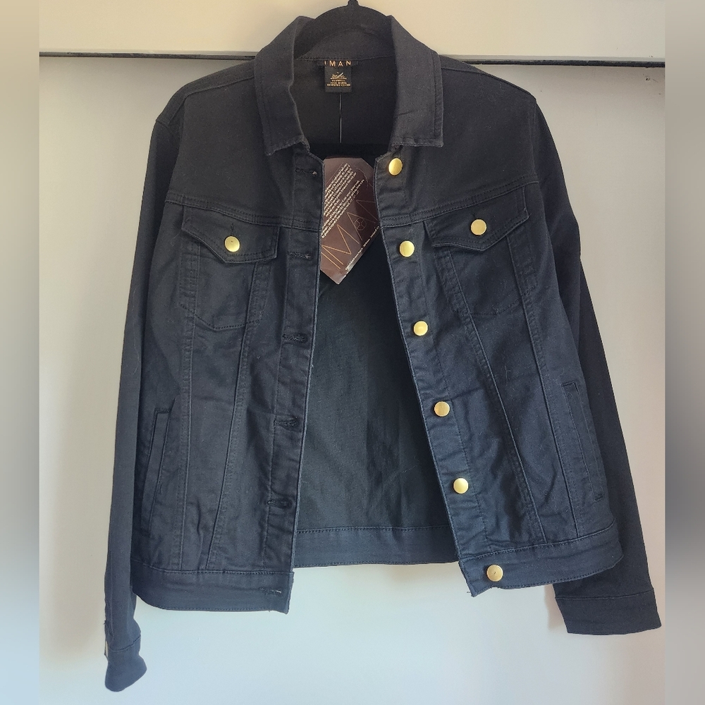 IMAN GLobal Chic black stretch denim jacket with gold buttons Medium
